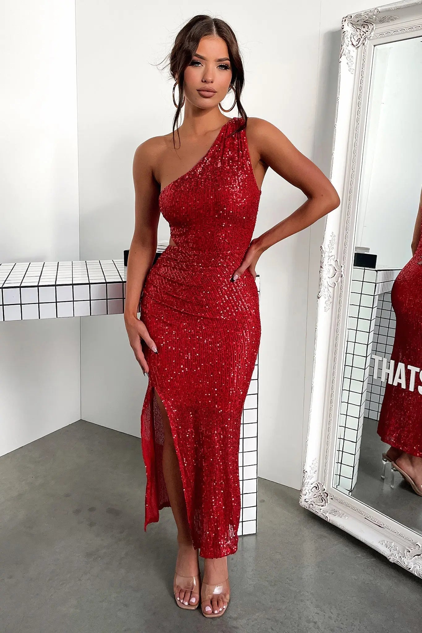 Dura One Shoulder Sequin Midi Dress - Red Sequin Goodiefetch