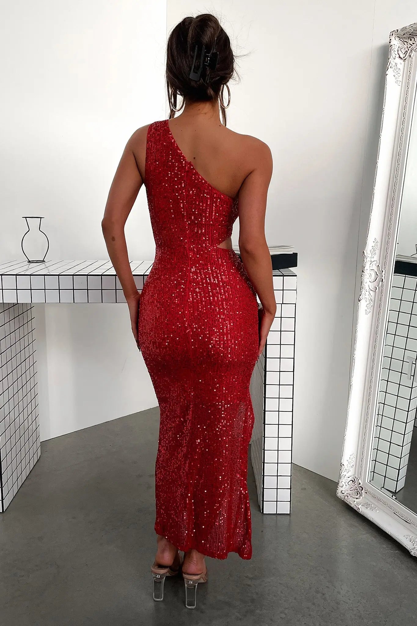 Dura One Shoulder Sequin Midi Dress - Red Sequin Goodiefetch