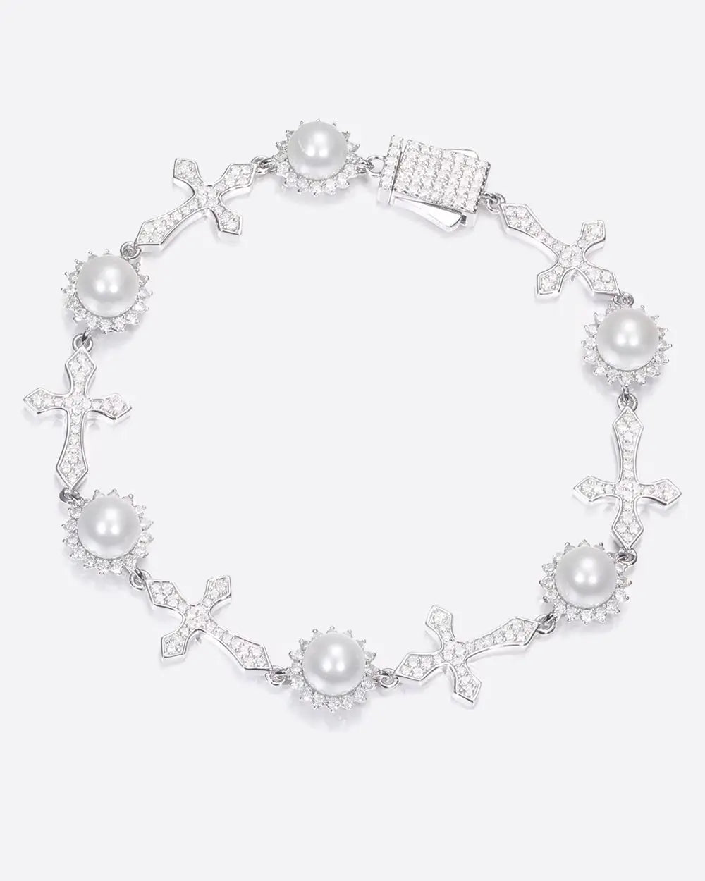 MOISSANITE ICY CROSSES & PEARLS BRACELET. - WHITE GOLD - Goodiefetch